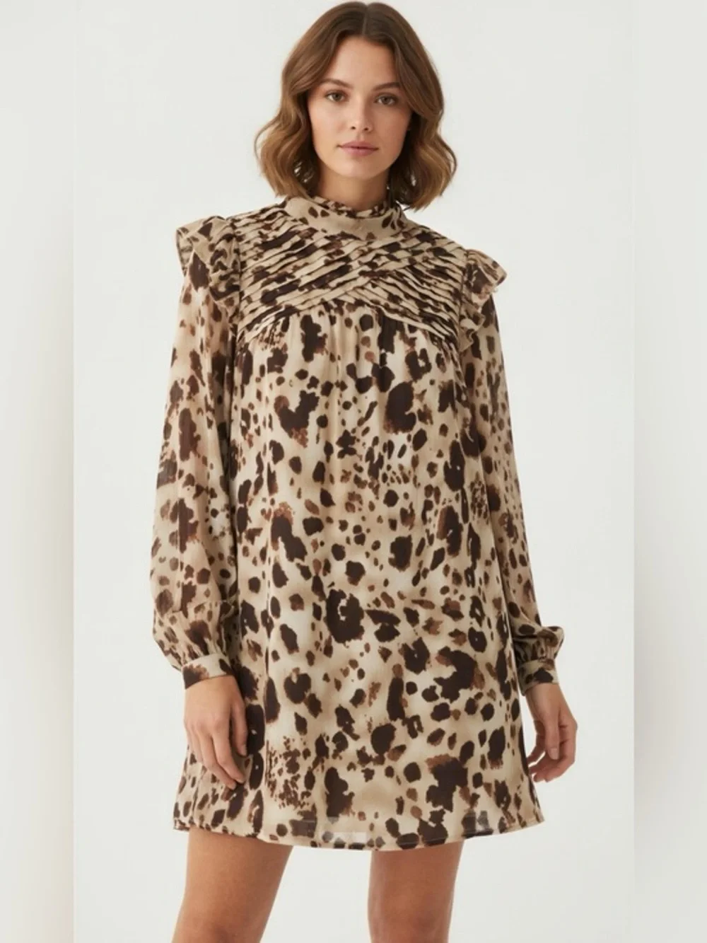 Entro Cow Print Ruffled Long Sleeve Mini Dress - Picture 1 of 16